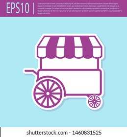 Retro purple Fast street food cart with awning icon isolated on turquoise background. Urban kiosk. Vector Illustration