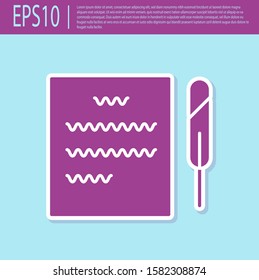 Retro purple Feather pen and paper scroll icon isolated on turquoise background.  Vector Illustration