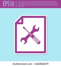 Retro purple File document with screwdriver and wrench icon isolated on turquoise background. Adjusting, service, setting, maintenance, repair, fixing.  Vector Illustration