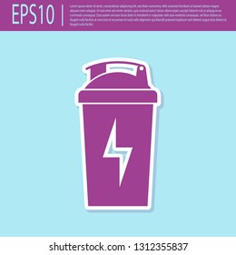 Retro purple Fitness shaker icon isolated on turquoise background. Sports shaker bottle with lid for water and protein cocktails. Flat design. Vector Illustration