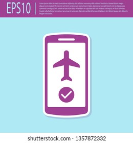 Retro purple Flight mode in the mobile phone icon isolated on turquoise background. Airplane or aeroplane flight offline mode passenger regulation airline . Flat design. Vector Illustration