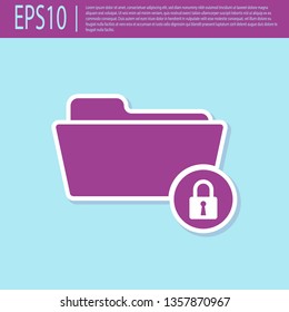 Retro purple Folder and lock icon isolated on turquoise background. Closed folder and padlock. Security, safety, protection concept. Vector Illustration