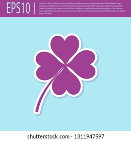 Retro purple Four leaf clover icon isolated on turquoise background. Happy Saint Patrick day. Flat design. Vector Illustration