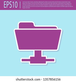 Retro purple FTP folder icon on turquoise background. Concept of software update, ftp transfer protocol, router, teamwork tool management, copy process, info. Flat design. Vector Illustration