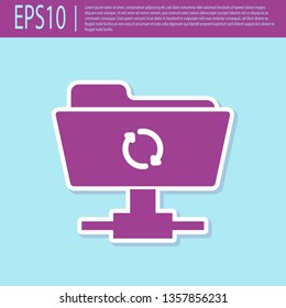 Retro purple FTP sync refresh icon on turquoise background. Concept of software update, transfer protocol, router, teamwork tool management, copy process. Flat design. Vector Illustration
