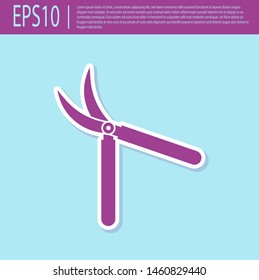 Retro purple Gardening handmade scissors for trimming icon isolated on turquoise background. Pruning shears with wooden handles.  Vector Illustration