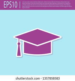Retro purple Graduation cap icon isolated on turquoise background. Graduation hat with tassel icon. Flat design. Vector Illustration