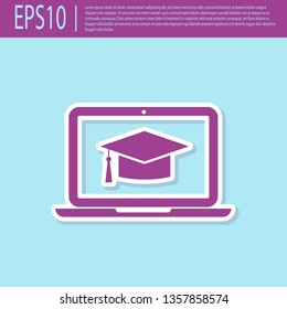 Retro purple Graduation cap on screen laptop icon isolated on turquoise background. Online learning or e-learning concept. Flat design. Vector Illustration