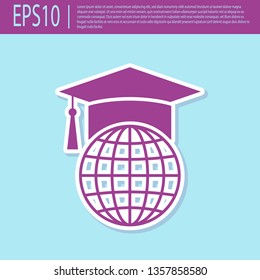 Retro purple Graduation cap on globe icon isolated on turquoise background. World education symbol. Online learning or e-learning concept. Flat design. Vector Illustration