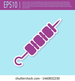 Retro purple Grilled shish kebab on skewer stick icon isolated on turquoise background. Meat kebab on skewer stick. Picnic with grilled meat. Vector Illustration