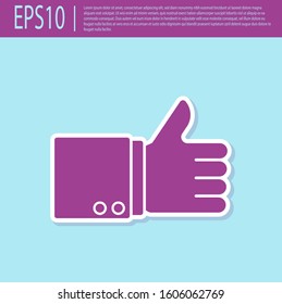 Retro purple Hand thumb up icon isolated on turquoise background.  Vector Illustration