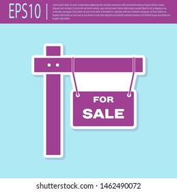 Retro purple Hanging sign with text For Sale icon isolated on turquoise background. Signboard with text For Sale.  Vector Illustration