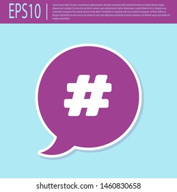 Retro purple Hashtag speech bubble icon isolated on turquoise background. Concept of number sign, social media marketing, micro blogging.  Vector Illustration