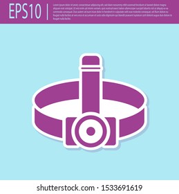 Retro purple Head flashlight icon isolated on turquoise background. Tourist head flashlight. Camping head light.  Vector Illustration