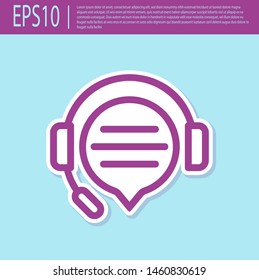 Retro purple Headphones with speech bubble chat icon isolated on turquoise background. Support customer service, hotline, call center, faq, maintenance.  Vector Illustration