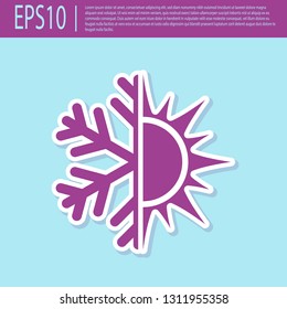 Retro purple Hot and cold symbol. Sun and snowflake icon isolated on turquoise background. Winter and summer symbol. Flat design. Vector Illustration