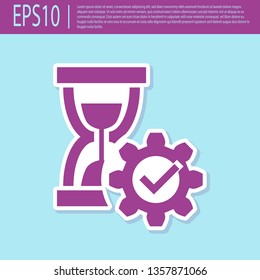 Retro purple Hourglass and gear icon isolated on turquoise background. Time Management symbol. Clock and gear icon. Productivity symbol. Vector Illustration