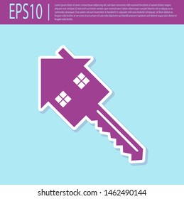 Retro purple House with key icon isolated on turquoise background. The concept of the house turnkey.  Vector Illustration