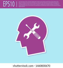 Retro purple Human head with with screwdriver and wrench icon isolated on turquoise background. Artificial intelligence. Symbol work of brain.  Vector Illustration