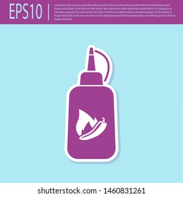 Retro purple Ketchup bottle icon isolated on turquoise background. Fire flame icon. Hot chili pepper pod sign. Barbecue and BBQ grill symbol. Vector Illustration