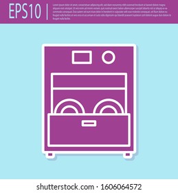 Retro purple Kitchen dishwasher machine icon isolated on turquoise background.  Vector Illustration
