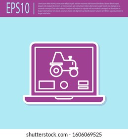 Retro purple Laptop application for control a autonomous tractor on a smart farm icon isolated on turquoise background. Smart agriculture implement.  Vector Illustration