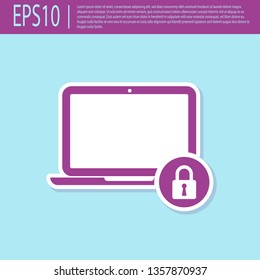Retro purple Laptop and lock icon isolated on turquoise background. Computer and padlock. Security, safety, protection concept. Safe internetwork. Vector Illustration