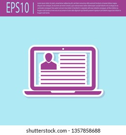 Retro purple Laptop with resume icon isolated on turquoise background. CV application. Searching professional staff. Analyzing personnel resume. Flat design. Vector Illustration
