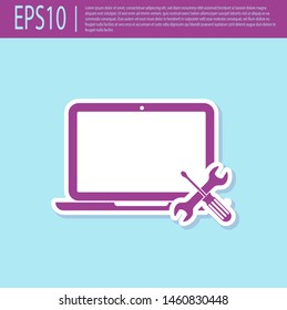 Retro purple Laptop with screwdriver and wrench icon isolated on turquoise background. Adjusting, service, setting, maintenance, repair, fixing.  Vector Illustration