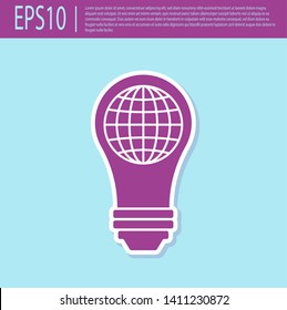 Retro purple Light bulb with inside world globe icon isolated on turquoise background. Planet Earth on the lamp. Global ecology concept. Vector Illustration