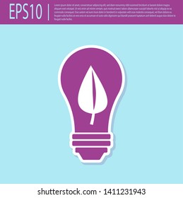 Retro purple Light bulb with leaf icon isolated on turquoise background. Eco energy concept. Alternative energy concept. Vector Illustration