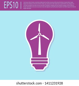 Retro purple Light bulb with wind turbine as idea of eco friendly source of energy icon isolated on turquoise background. Alternative energy concept. Vector Illustration