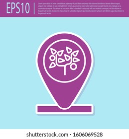 Retro purple Location and tree icon isolated on turquoise background.  Vector Illustration