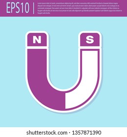 Retro purple Magnet icon isolated on turquoise background. Horseshoe magnet, magnetism, magnetize, attraction sign. Vector Illustration