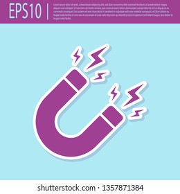 Retro purple Magnet with lightning icon isolated on turquoise background. Horseshoe magnet, magnetism, magnetize, attraction sign. Vector Illustration