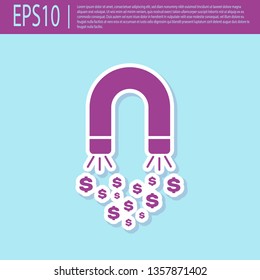 Retro purple Magnet with money icon isolated on turquoise background. Concept of attracting investments, money. Big business profit attraction and success. Vector Illustration