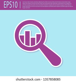 Retro purple Magnifying glass and data analysis icon isolated on turquoise background. Flat design. Vector Illustration