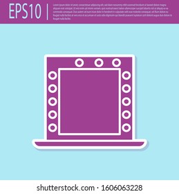Retro purple Makeup mirror with lights icon isolated on turquoise background.  Vector Illustration