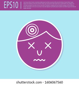 Retro purple Man having headache, migraine icon isolated on turquoise background.  Vector Illustration