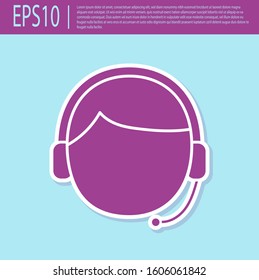 Retro purple Man with a headset icon isolated on turquoise background. Support operator in touch. Concept for call center, client support service.  Vector Illustration