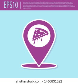 Retro purple Map pointer with fast food slice pizza icon isolated on turquoise background. Pizzeria location icon. Pizza cafe and restaurant marker. Vector Illustration