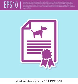 Retro purple Medical certificate for travel with dog or cat icon isolated on turquoise background. Document for pet. Dog or cat paw print. Vector Illustration