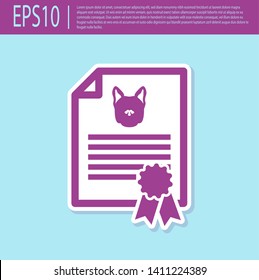 Retro purple Medical certificate for travel with dog or cat icon isolated on turquoise background. Document for pet. Dog or cat paw print. Vector Illustration