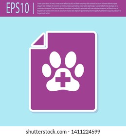 Retro purple Medical certificate for travel with dog or cat icon isolated on turquoise background. Document for pet. Dog or cat paw print. Vector Illustration