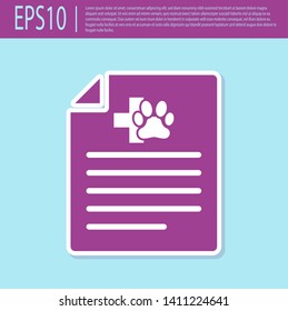 Retro purple Medical certificate for travel with dog or cat icon isolated on turquoise background. Document for pet. Dog or cat paw print. Vector Illustration