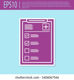 Retro purple Medical clipboard with clinical record icon isolated on turquoise background. Health insurance form. Prescription, medical check marks report.  Vector Illustration