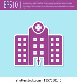 Retro purple Medical hospital building with cross icon isolated on turquoise background. Medical center. Health care. Flat design. Vector Illustration