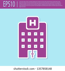Retro purple Medical hospital building with cross icon isolated on turquoise background. Medical center. Health care. Flat design. Vector Illustration