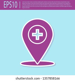Retro purple Medical map pointer with cross hospital icon isolated on turquoise background. Flat design. Vector Illustration