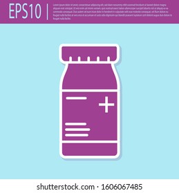 Retro purple Medicine bottle and pills icon isolated on turquoise background. Bottle pill sign. Pharmacy design.  Vector Illustration